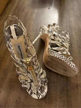 Jimmy Choo Snake-Print Strappy Heels in Beige and Black with Gold Zip 39.5